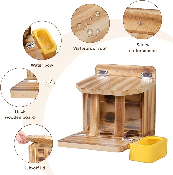 MIXXIDEA Wooden Squirrel Feeder with Water Bowl, Large Capacity Squirrels Feeders for Outside, Sturdy Construction, No Assembly Lovely Chipmunk Feeder for Corn, Peanut, Nuts, Chestnuts (Brown-1pk)