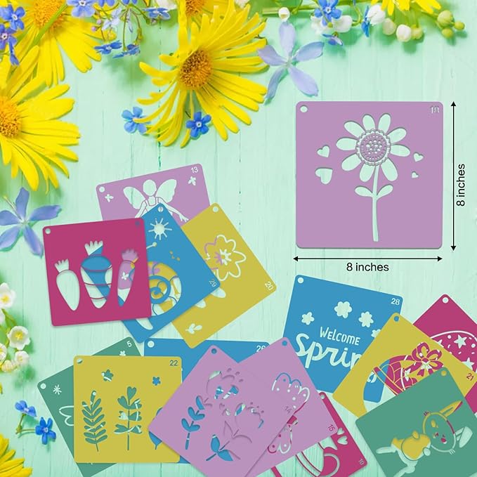 30Pcs Spring Stencils for Kids 8 Inches Sidewalk Chalk Stencil Large Drawing Stencils for Crafts Reusable Garden Flower Easter Themed Primary Shape Template for DIY Art on Sidewalk Wall Home Decor
