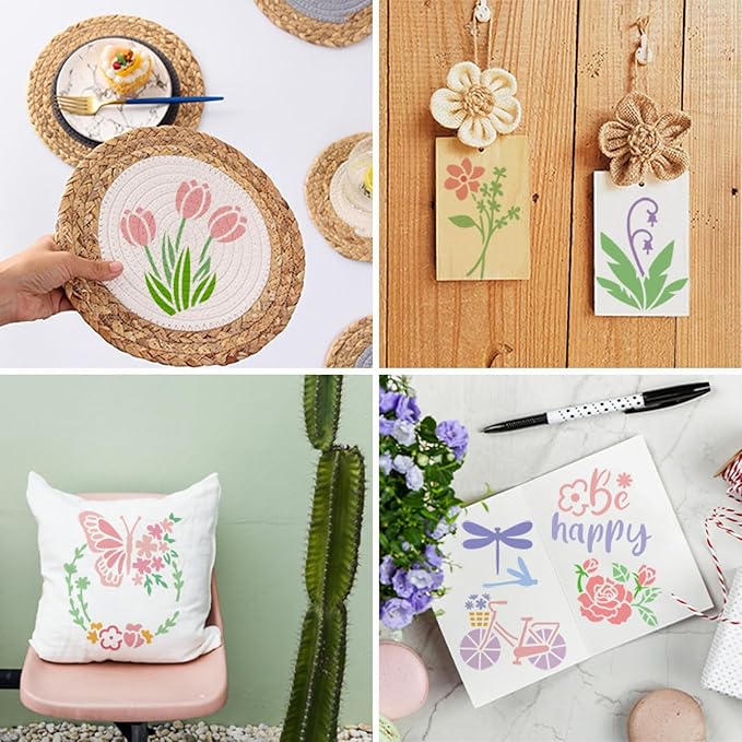 Flower Stencils for Painting, Professional Art Drawing Templates 64PCS 3x3 Clear PET Plastic with Rose Sunflower Patterns for Home Wall Art, Canvas Painting, Furniture Decor and DIY Crafts