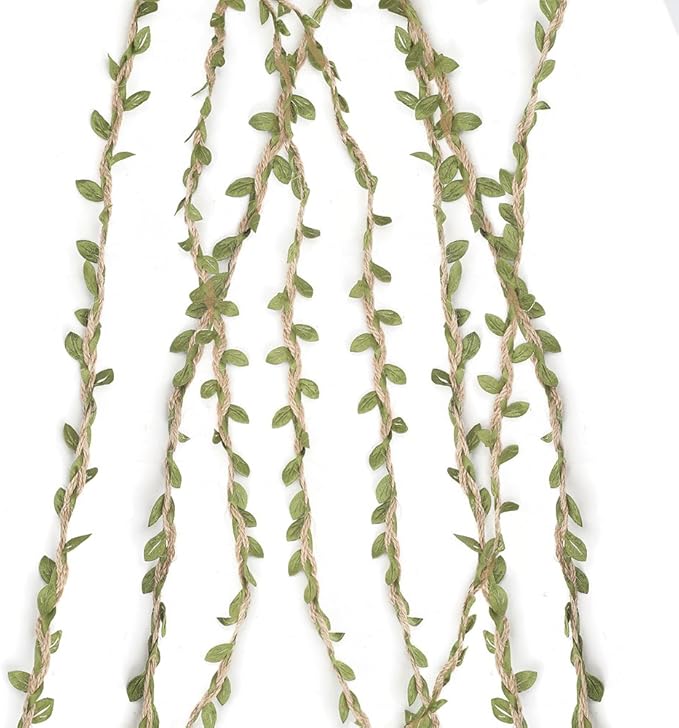 Tenn Well Burlap Leaf Ribbon, 66 Feet 5mm Natural Jute Twine Ribbon with Artificial Leaves for Crafts, Wedding, Jungle Safari Party, Baby Shower Decor, Home Decor