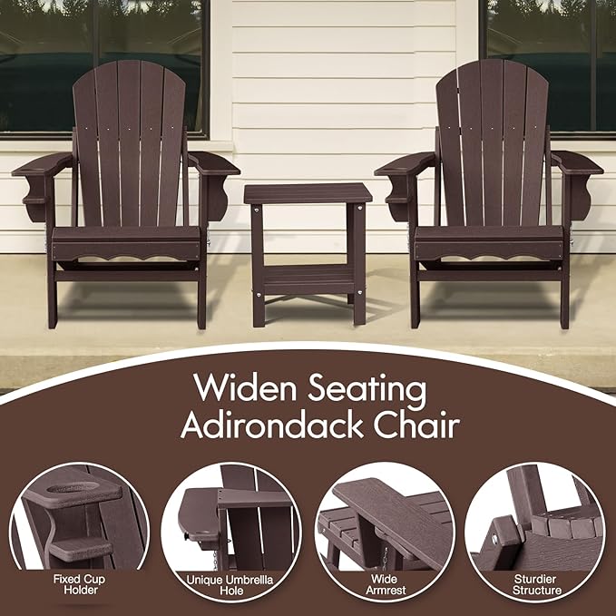 Folding Adirondack Chairs, HDPE Plastic Adirondack Chair with Side Table, Weather Resistant, Unfading, for Patio, Fire Pit, Balcony, Front Porch, Deck-Brown