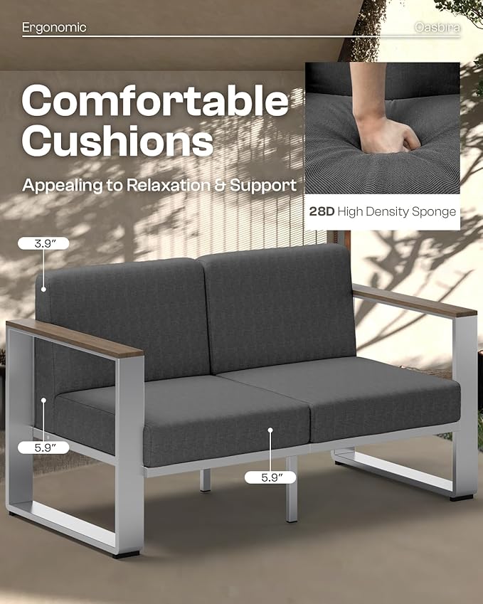 2 Pieces Outdoor Aluminum Armchair, Modern Patio Patio Furniture with Wide Seat and Thick Cushions, All-Weather Oversized Couch for Deck, Porch