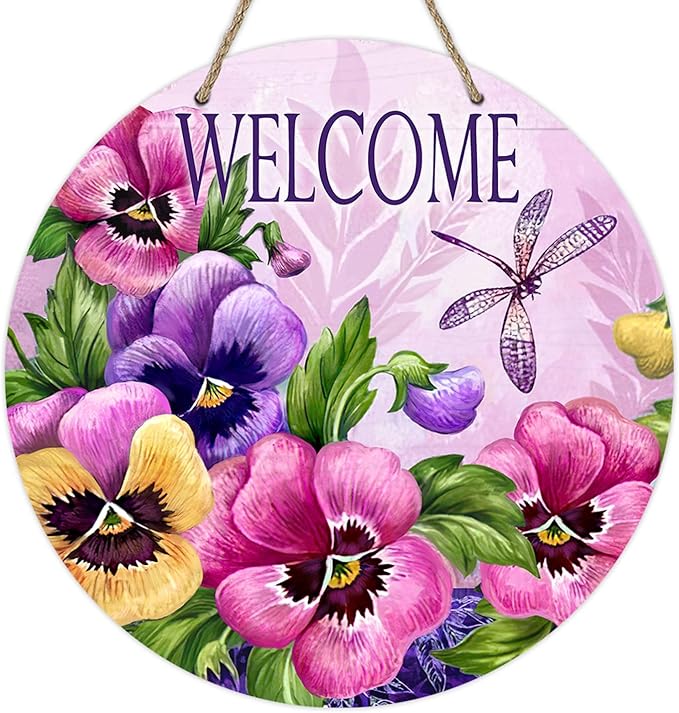 Deroro Welcome Spring Summer Pansy Flower Front Door Sign, Pink Floral Dragonfly Wood Door Hanger Outdoor Outside Porch Decor, Seasonal Wooden Wreath Indoor Wall Hanging Decoration