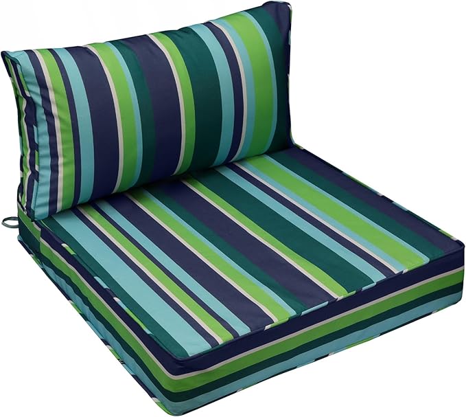 AAAAAcessories Outdoor Seat Cushions for Chairs, Fade-Resistant, Waterproof Patio Furniture Replacement Cushions, 23.5" x 25.5" x 5" + 23.5" x 13.5", Stormy Teal Coastal Stripe