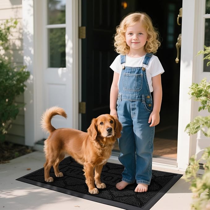 FRAMICS Front Door Mat Outside Entrance, Heavy Duty Rubber Door Mats Outdoor Welcome Mat Waterproof Doormat Non Slip for Entryway Doormats Dirt Trapper Indoor Mats All Seasons, 17 x 30 Inches, Black