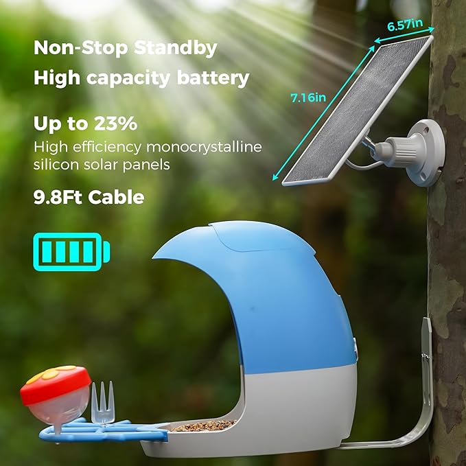 Sovmiku FCG6 AI Bird Feeder with 2K Solar Camera Squirrel Feeder Bird Identify Hummingbird attractant Motion Detection Real Time Views and Notifications SD Slot Ideal Gift for Bird Lovers for Parent