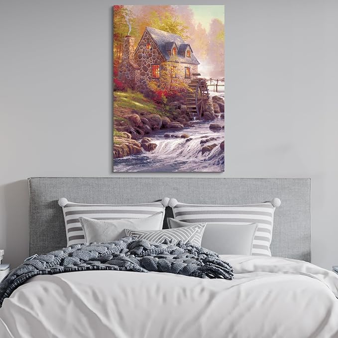 STUDIO HAVEN Thomas Kinkade Canvas Wall Art, Stone River Home Glowing Windows Water Wheel Autumn Foliage Oil Painting Poster Rustic Riverside Wall Decor, Framed Prints for Home Decor, 28x40Inch