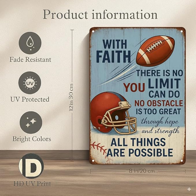 Football Party Decorations With Faith Football Metal Sign – Vintage Christian Sports Wall Art for Locker Room, Bedroom, or Gym – Motivational Football Gift for Athletes, Coaches, and Football Fans (FOOTBALL)