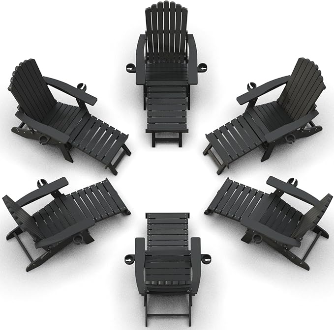 ZHUSI Folding Adirondack Chairs Set of 6 with Retractable Ottoman, Adjustable Adirondack Chair with 2 Cup Holders, Outdoor Chairs for Porch Patio Lawn Balcony Weather Resistant, Black