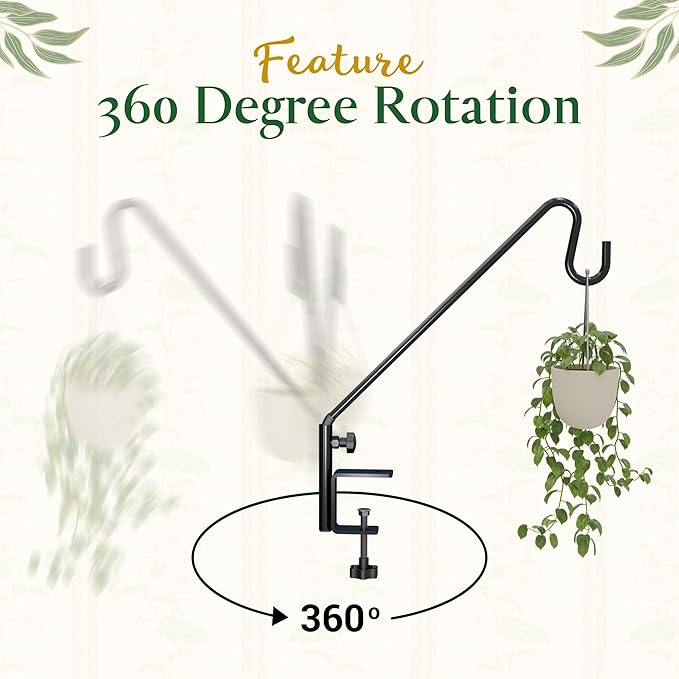 Idzo 18 Inch Railing Hook, Deck Hook for Bird Feeder Pole, Durable 3-Layer Powder Coated Steel, Shepherds Hooks for Outdoor, 360° Rotation, Sturdy Deck Railing Bracket for Hanging Decorations, Black
