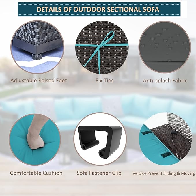 Kullavik 7 Pieces Outdoor Patio Furniture Set,Wicker Outdoor Sectional Sofa,All-Weather Patio Conversation Sets with Washable Thick Cushions & Coffee Table for Garden,Backyard,Balcony,Porch,Blue