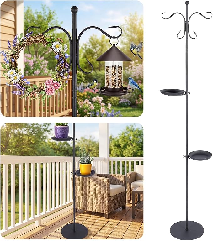 1 Set 75.9" Shepherd's Hook Stand for Bird Feeder, Hanging Plant, Wind Chime, Waterproof Metal & Adjustable Standing Pole Holder for Indoor Outdoor, with 2 Rack & Weight Bag (2 Hooks)
