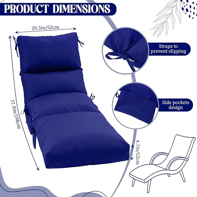 Kigley 2 Pcs Chaise Lounge Cushions, 77.9 x 20.5 x 4.7 Inch Outdoor Lounge Chair Cushions with Pocket, Thick Tufted Patio Recliner Replacement with Ties, Fade Resistant for Pool Furniture (Navy Blue)