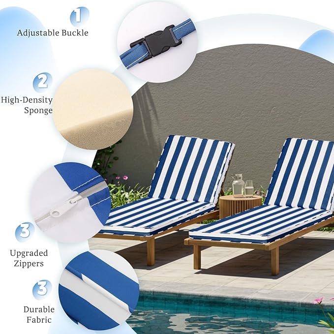 Chaise Lounge Cushions Outdoor Set of 2, 71"x22"x3" Patio Lounge Chair Furniture Cushions with Washable Covers for Pool, Patio, Lawn (Blue+White Stripes, 2 Pcs)