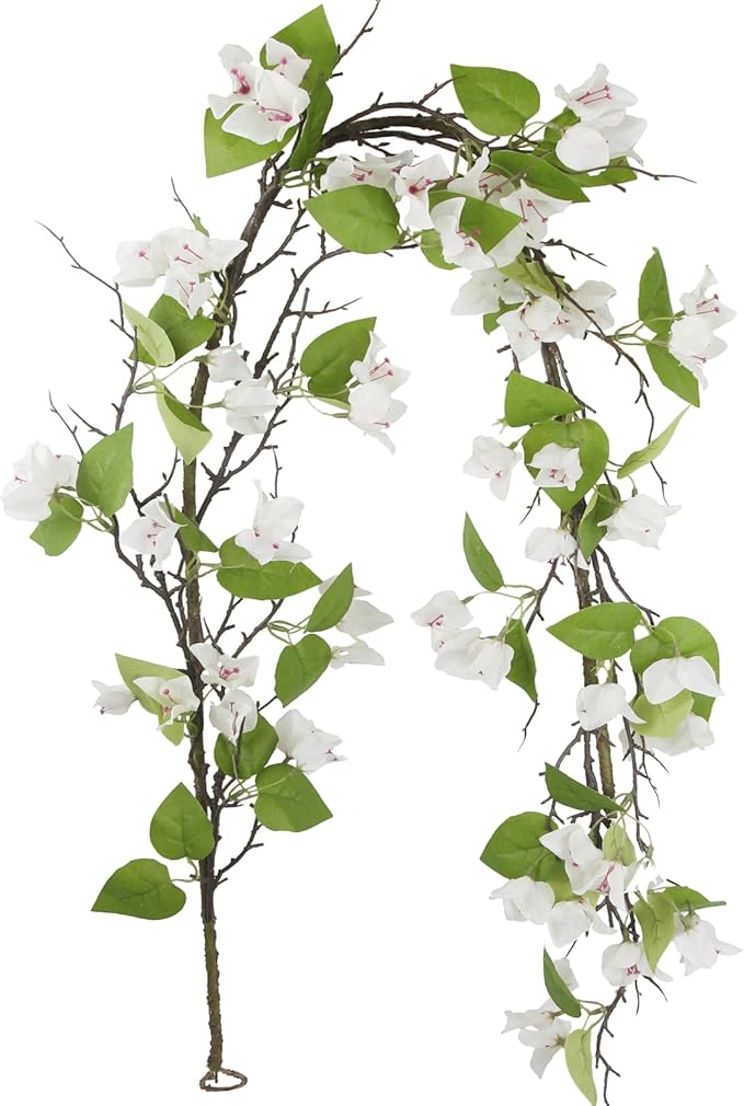 Artificial Bougainvillea Flowers Garland White Silk Bougainvillea Vines UV Resistant Realistic Faux Hanging Flowers Plants for Outdoor Outside Summer Decoration Porch Patio Balcony Yard Wall