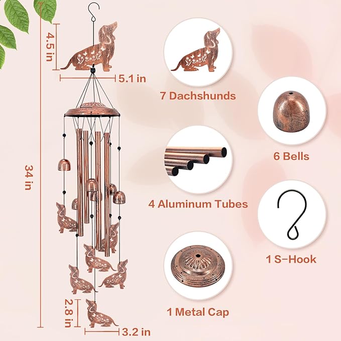 Dachshund Dog Wind Chimes for Outside,Dog Gifts for Women Men/Memorial Gift/Sympathy Gift/Birthday Gifts Metal windchimes Outdoors/Indoors,Garden Decor,Patio,Home,Porch,Yard Decorations