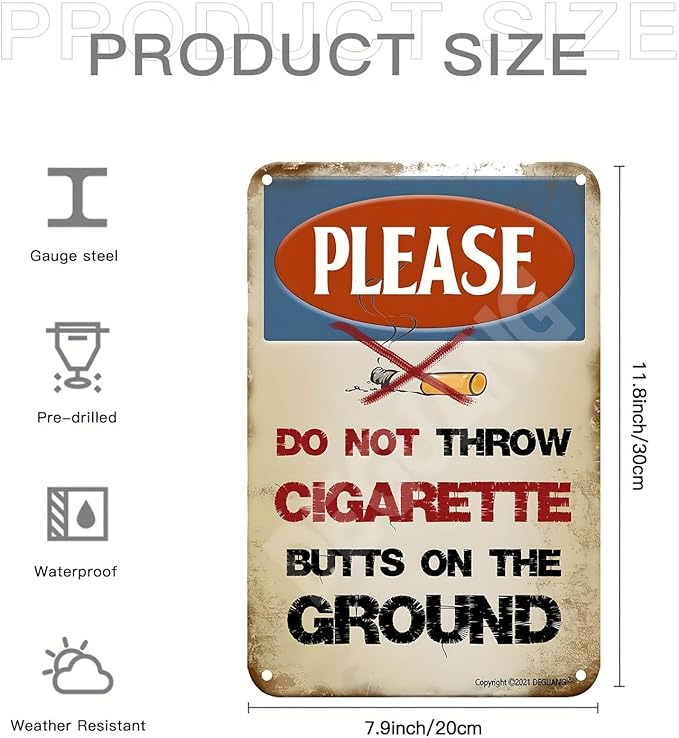 No Cigarette Butts Tin Signs Funny Metal Sign For Your Garage, Yard Or Wall For Bar Party Decor Aquarium Wall Art 8x12 Inches