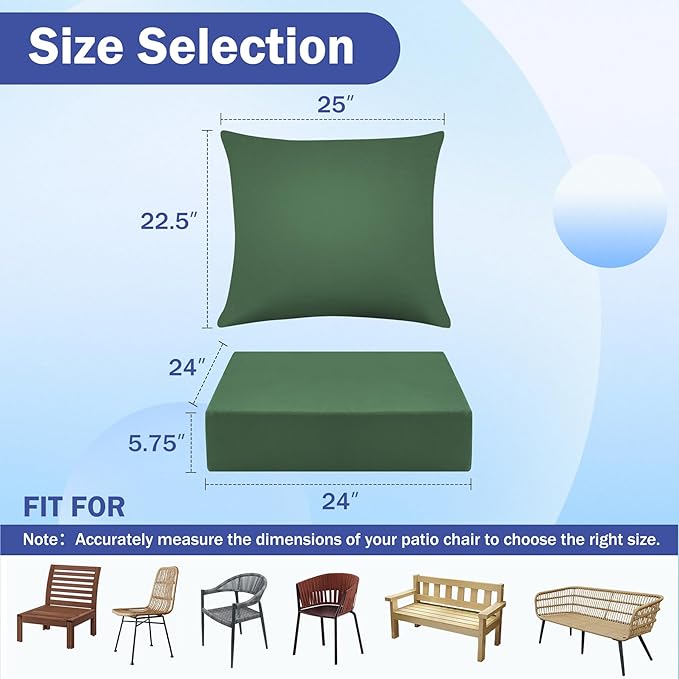 Outdoor Seat Cushion Set, Waterproof & Fade Resistant Patio Chair Cushions, Outdoors Cushion for Patio Furniture, 24 x 24 x 5.75 Inch, Outdoor Couch Cushions with Handle and Ties,ForestGreen