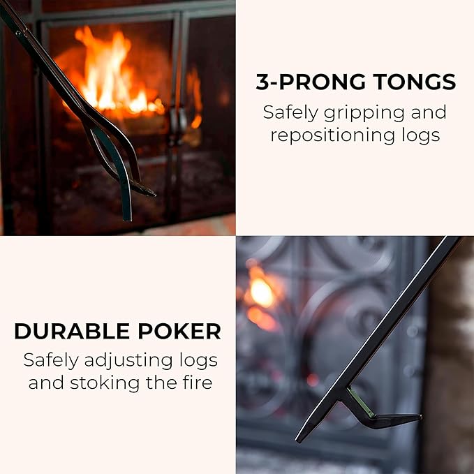Plow & Hearth Gothic 5 Piece Fireplace Tool Set with Poker Tongs Shovel Broom and Stand | 32.5" H | Black Wrought Iron Handle for Outdoor Indoor | Wood Stove Firepit Accessory