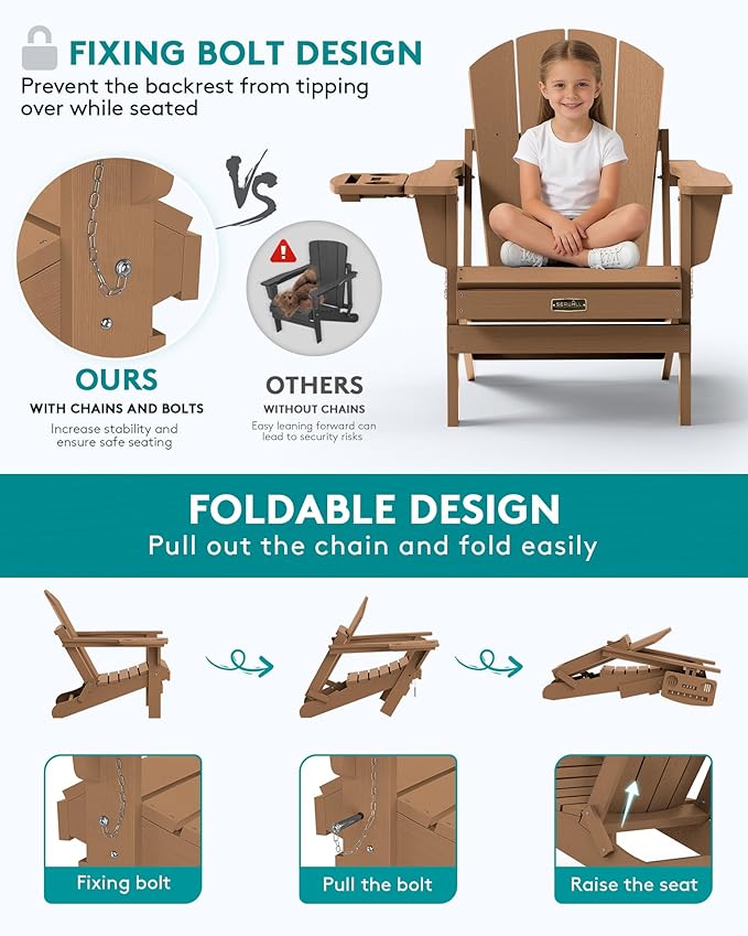 SERWALL Folding Adirondack Chair Set of 4, Outdoor Adirondack Chairs with 4 in 1 Cup Holder, Wood Texture Patio Chairs, Weather Resistant Fire Pit Chairs for Patio Deck Garden, Backyard Deck - Brown