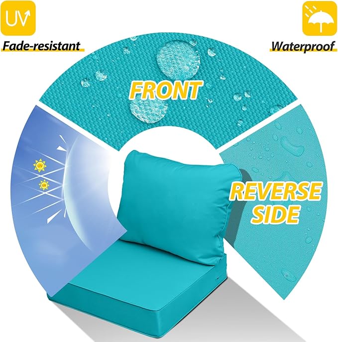 AAAAAcessories Outdoor Seat Cushions for Chairs, Fade-Resistant, Waterproof Patio Furniture Replacement Cushions, 25.5" x 25.5" x 5" + 25.5" x 19", Turquoise Blue