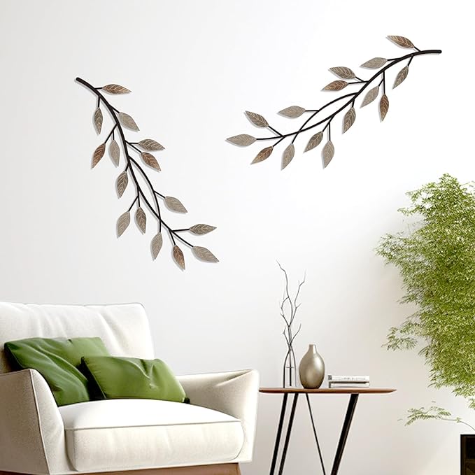 LWHZHE 2 Pieces Vintage Tree Leaf Wall Art Vine Metal Bathroom Wall Decor Olive Branch Wall Decor Living Room Tree Wall Art for Outdoor Hallway Kitchen Garden (Rustic Brown)