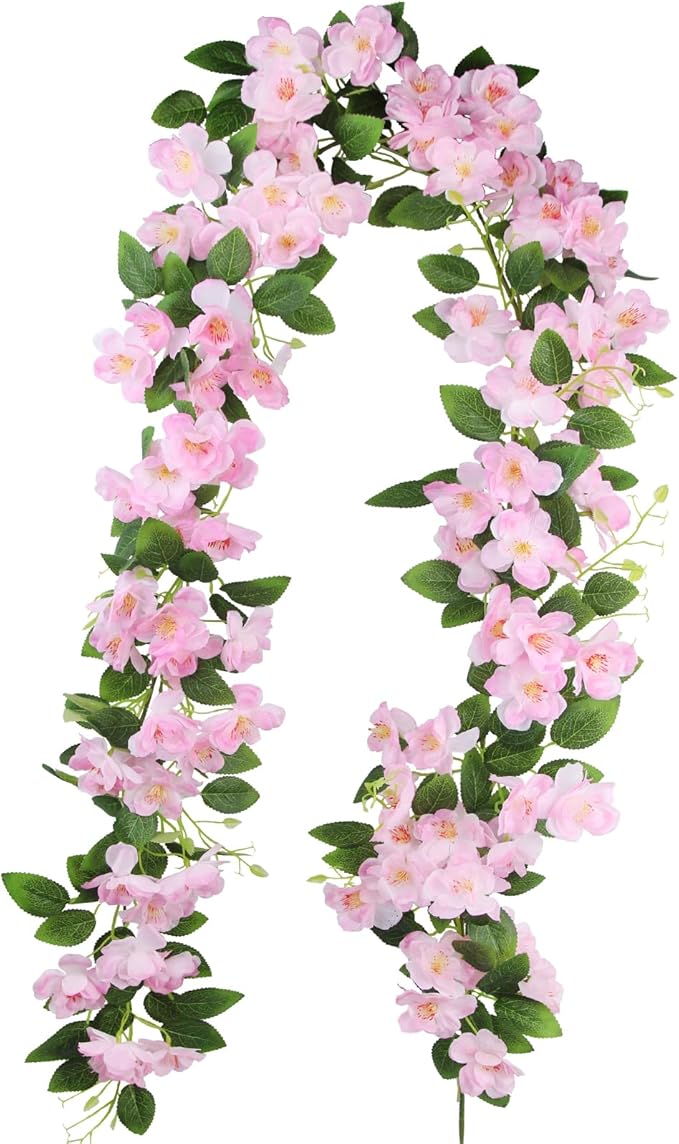 CISDUEO Artificial Cherry Blossom Flower Vine Hanging Pink Cherry Blossom Flower Silk Garland Hanging Vines Faux Flowers for Outdoors Spring Wedding Party Home Table Centerpiece Arrangement Decor