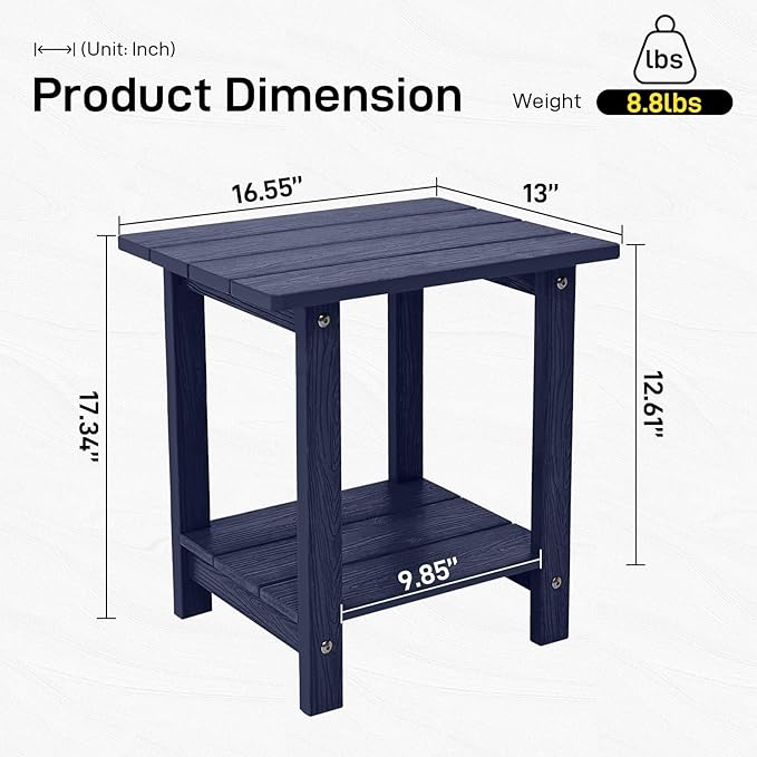 Outdoor Side Table, Weather Resistant Double Small Adirondack Side Table, Outdoor Indoor End Table for Adirondack Chair, 17" Patio Table for Pool, Deck and Porch, Deep Blue