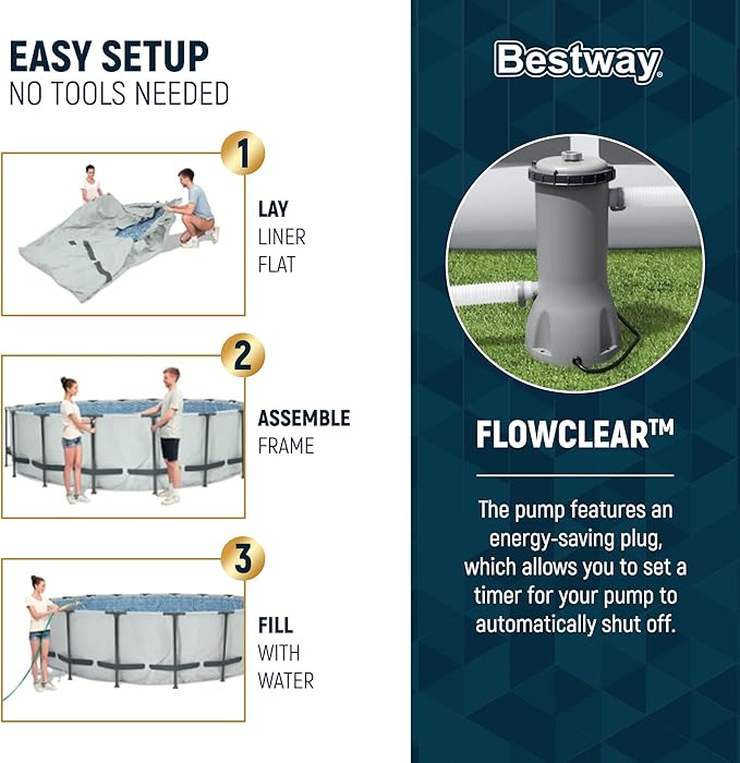 Bestway Steel Pro MAX 14' x 42" Above Ground Pool, Round Metal Frame Outdoor Swimming Pool Set with Filter Pump, Ladder, and Cover, Gray