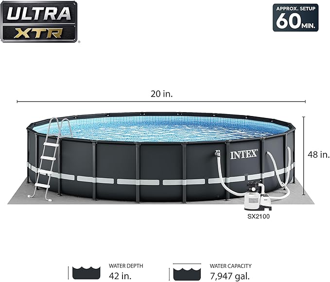 INTEX 26333EH Ultra XTR Deluxe Above Ground Swimming Pool Set: 20ft x 48in – Includes 2100 GPH Cartridge Sand Filter Pump – SuperTough Puncture Resistant – Rust Resistant – Easy to Assemble