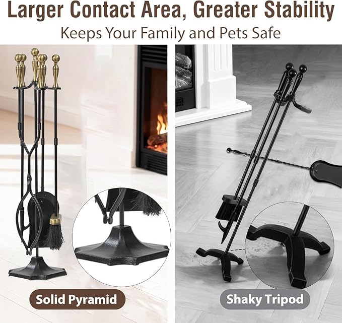 AMAGABELI Garden & Home 5 Pcs Fireplace Tools Brass Handles Wrought Iron Set Holder Indoor Outdoor Fireset Fire Pit Stand Rustic Tongs Shovel Brush Chimney Poker Wood Stove Hearth Accessories Kit