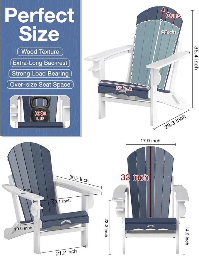 Folding Adirondack Chair –Recyclable HDPE Outdoor Adirondack Patio Chair with Cup Holder, Wood Texture & Umbrella Hole, 25-Year Fade-Free All Weather for Fire Pit, Porch, Poolside, Deck, Blue & White