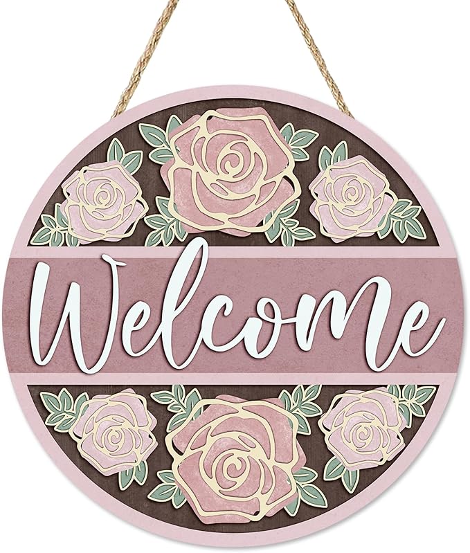 Welcome Pink Rose Flower Front Door Sign, Floral Wood Hanger Outdoor Outside Porch Home Decor, Spring Summer Wooden Wreath Indoor Wall Hanging Decoration