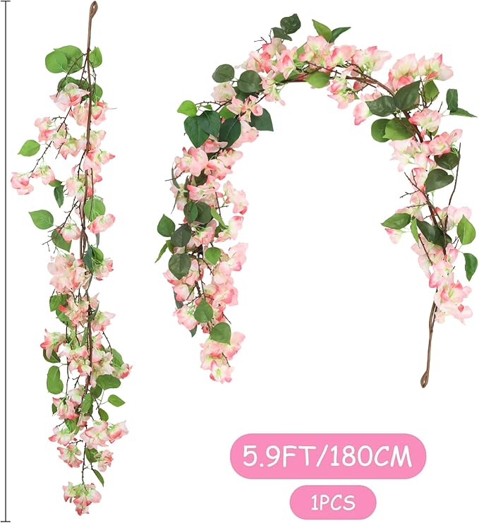 IPOPU Peach Bougainvillea Artificial Garland 5.9FT 1 PCS – Silk Bougainvillea Vines, Faux Hanging Flower Garland for Wedding Arch, Home, Outdoor Decor