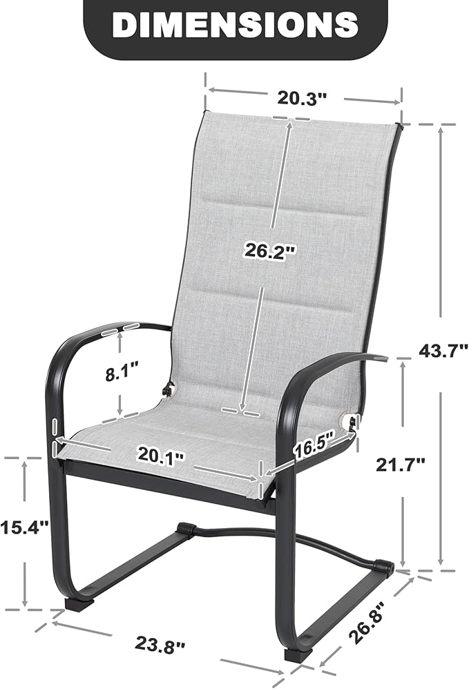 NUU GARDEN Patio Chairs Set of 4, All Weather Outdoor Padded Textilene Patio Dining Chairs, Breathable Spring Motion Textile High Back Outdoor Dining Chairs for Backyard, Lawn, Deck, Gray