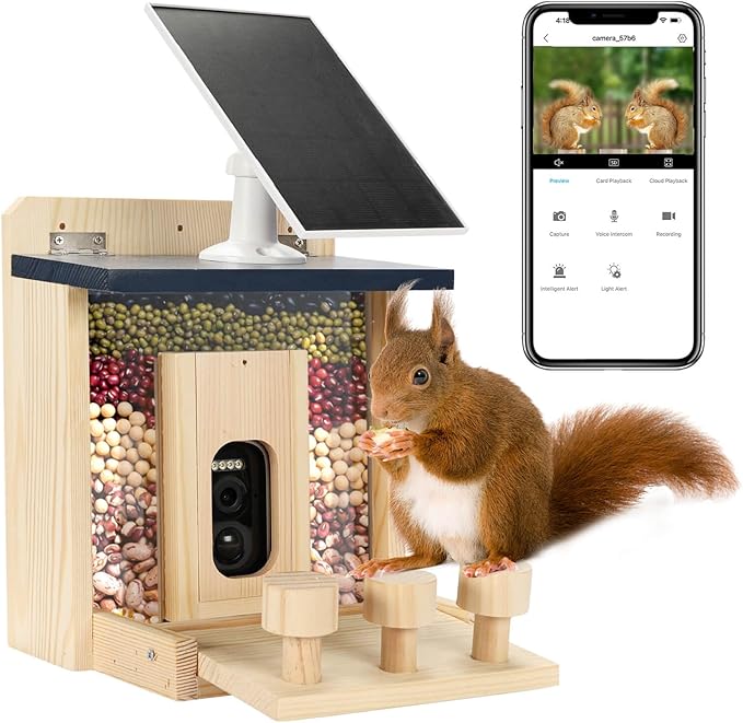 Wooden Squirrel Feeder with HD Camera, Solar-Powered Outdoor Squirrel Bar, Real-Time View, Instant Notifications, Durable & Sturdy, for Squirrel Lovers