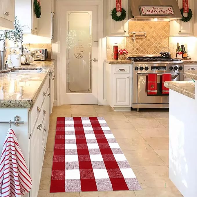 Christmas Door Mat Outdoor 24"x51"Buffalo Plaid Christmas Decor Rug Cotton Hand-Woven Layered Door Mats Washable Carpet for Front Porch, Kitchen, Farmhouse, Entryway,Bedroom