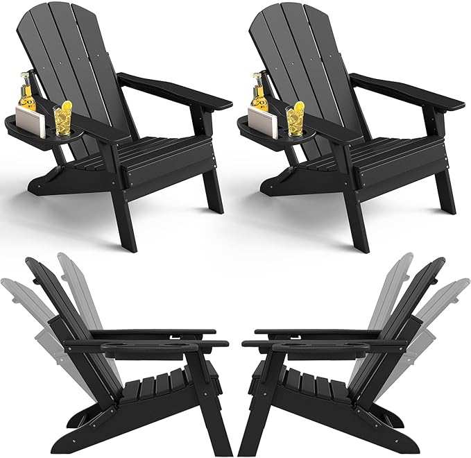 Adjustable Adirondack Chair Set of 4 with Cup Holder, All Weather HDPE Fire Pit Chairs for Deck, Backyard, Patio, Black