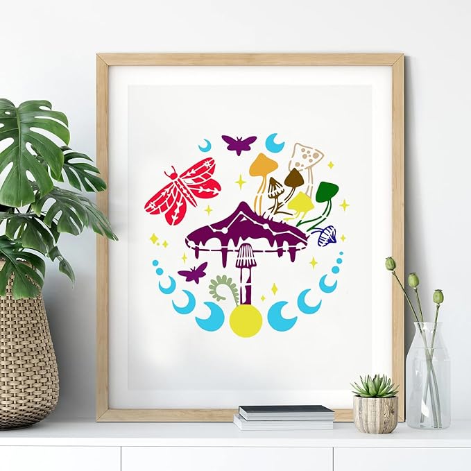 18 PCS Mushroom Stencils Large Reusable Crescent Moon Phase Drawing Template Bohemian Art Stencils for Painting on Wood Wall Tile Fabric Canvas Scrapbook Home Decor DIY Craft Projects