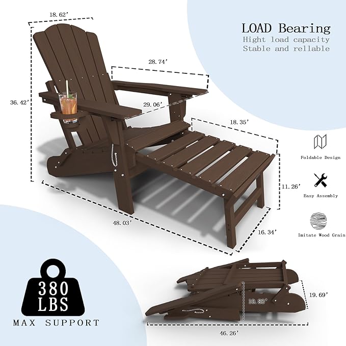 Folding Adjustable Adirondack Chairs with Ottoman & 1 Cup Holders Set of 8, HDEP Multifunctional Adirondack Chair with Footrest,Brown