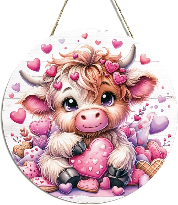 Valentines Day Wall Decor, Valentines Day Door Decorations, Gift for Boyfriend Girlfriend Husband Wife, Pink Heart Highland Cow Wood Hanging Sign Anniversary Porch Home Office Door Decor