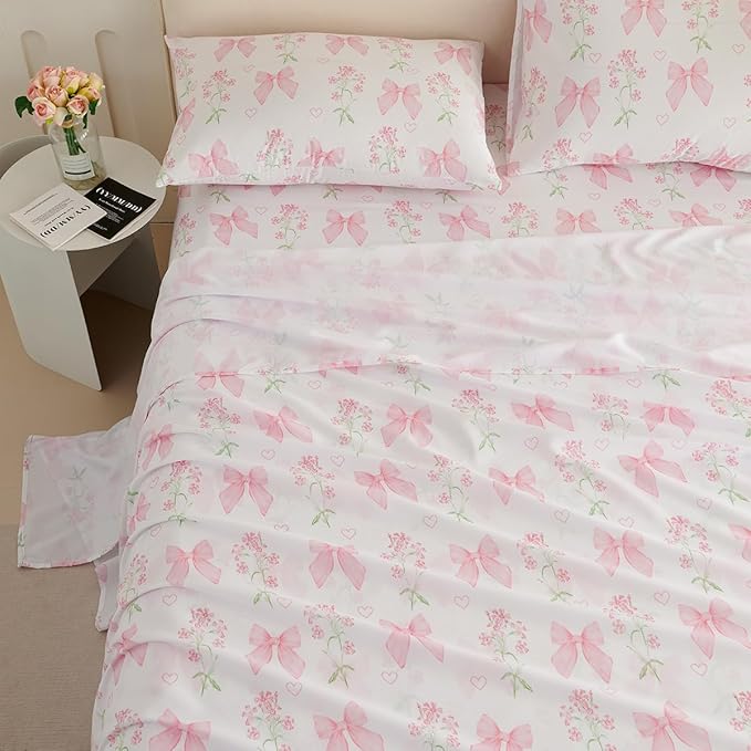 Pink Bow Sheet Set Queen Garden Floral Fitted Sheet Set for Girls Kids Soft Microfiber Fitted Flat Sheets & Pillowcases Cute Princess Style Bowknot Bedding Sets Toddlers 4 Pieces