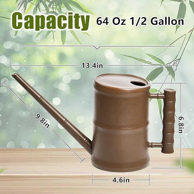 ZXJ Watering Can for Outdoor Indoor Plants - Small Plastic Home Garden - with Long Spout - Brown - 64 Oz - 1/2 Gallon