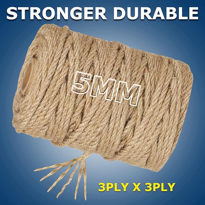 Vanhench Jute Rope 5MM (1/5 inch) 106 ft 6Ply Twisted Heavy Duty and Thick Twine Rope Bulk for Crafts Projects Cat Scratcher Post Tree Gift Wrapping Arts & Crafts Home Decoration Packing Christmas