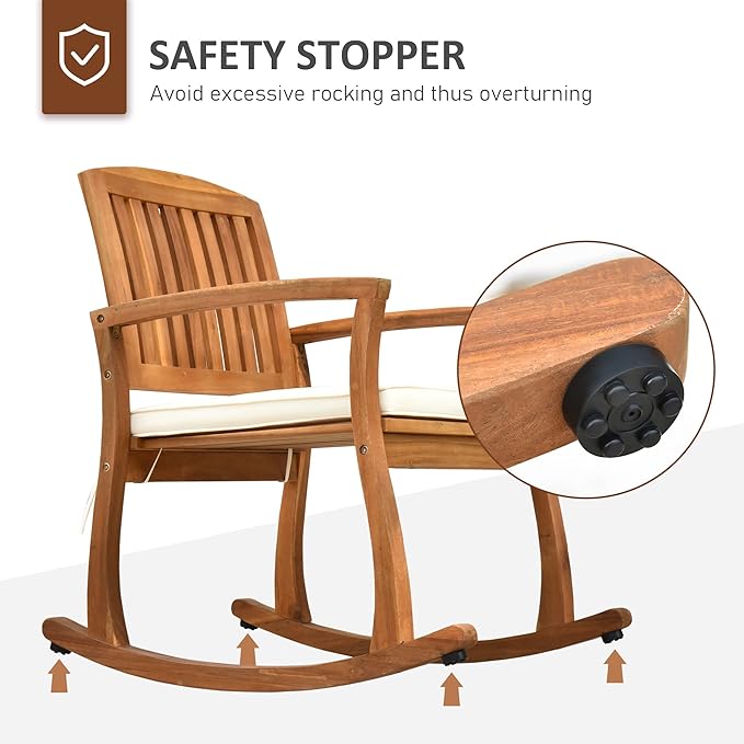 Outsunny Outdoor Rocking Chair with Cushion, Acacia Wood Patio Rocker for Backyard, Patio, Home, Teak Tone