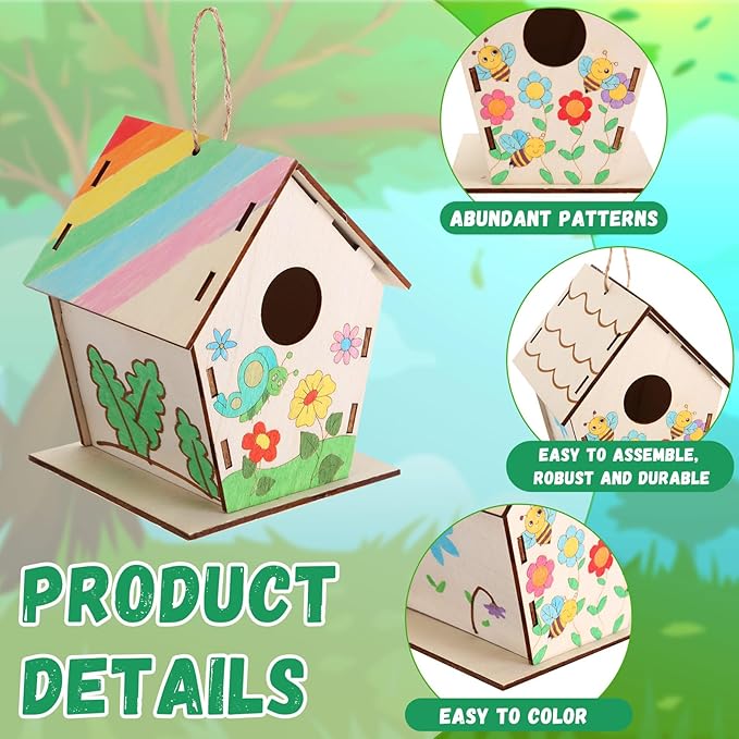 36 Pack Wooden Bird House Bulk for Kids Birdhouse Kit Wood Houses for DIY Unfinished Hanging Birdhouse Kits Wooden Craft Houses to Paint VBS Craft Family Crafts