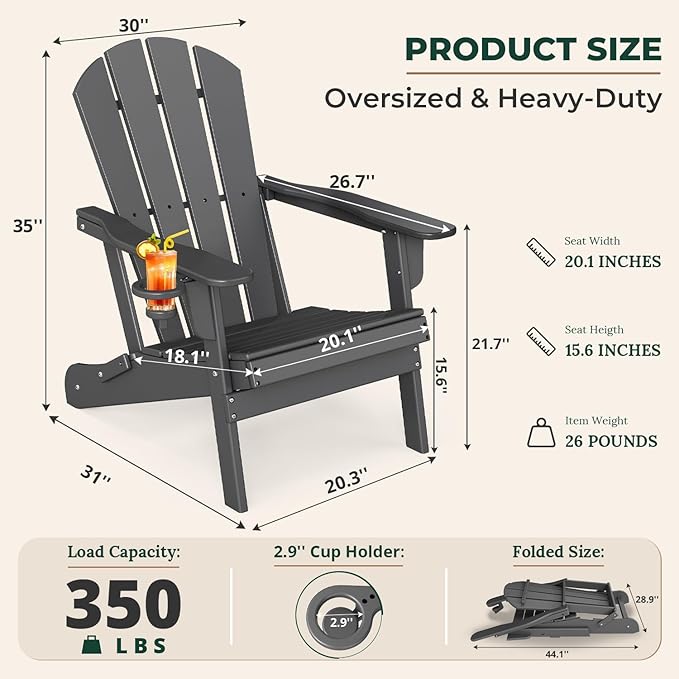 BRIOPAWS Folding-Adirondack-Chair | HDPE Plastic | Fire Pit Chairs | Cup Holder | Curved Back | All Weather | for Outdoor Backyard Deck Patio | Grey