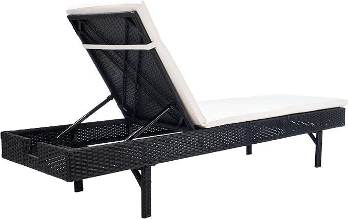 SAFAVIEH Outdoor Collection Cam Black Wicker/Beige Cushion Adjustable Chaise Lounge Chair, Black/Beige (PAT7501A)
