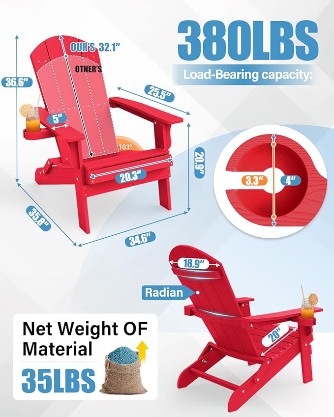YEFU Adirondack Chair, Foldable Oversized Plastic Adirondack Chair Set of 4 with Cup Holder, Patio Chair with Weather Resistant for Outside Deck Lawn, Weight Capacity Up to 400 Lbs –Red