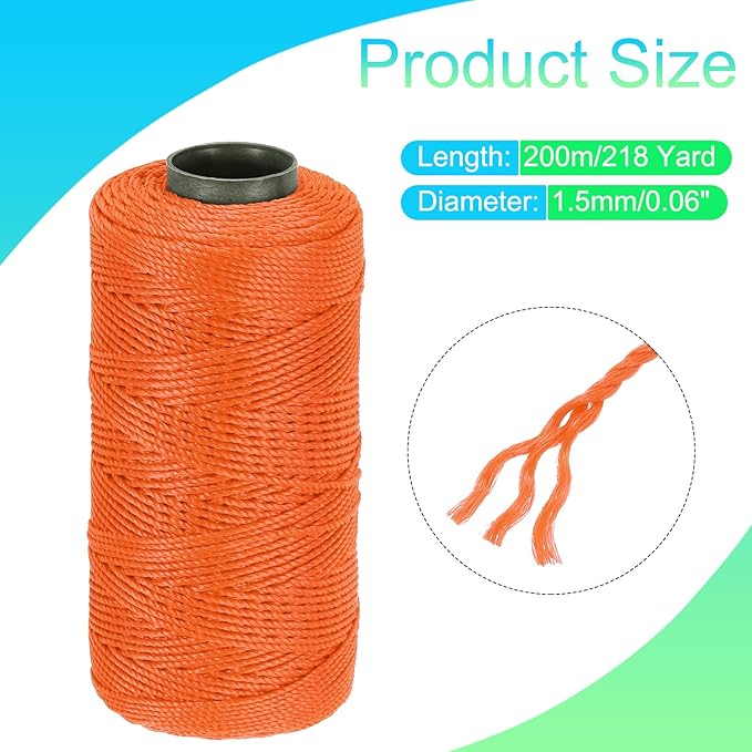 MECCANIXITY Nylon String 3 Strands Twisted Mason Line 1.5mm x 218 Yards Nylon Twine String for DIY Projects, Home Improvement, Gardening, Gift Wrapping, Christmas Party Supplies, Orange